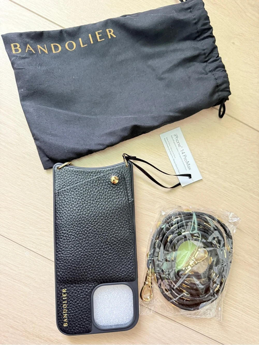 Brand New Bandolier Black Leather Phone Case with Strap. iPhone 14 Pro Max.